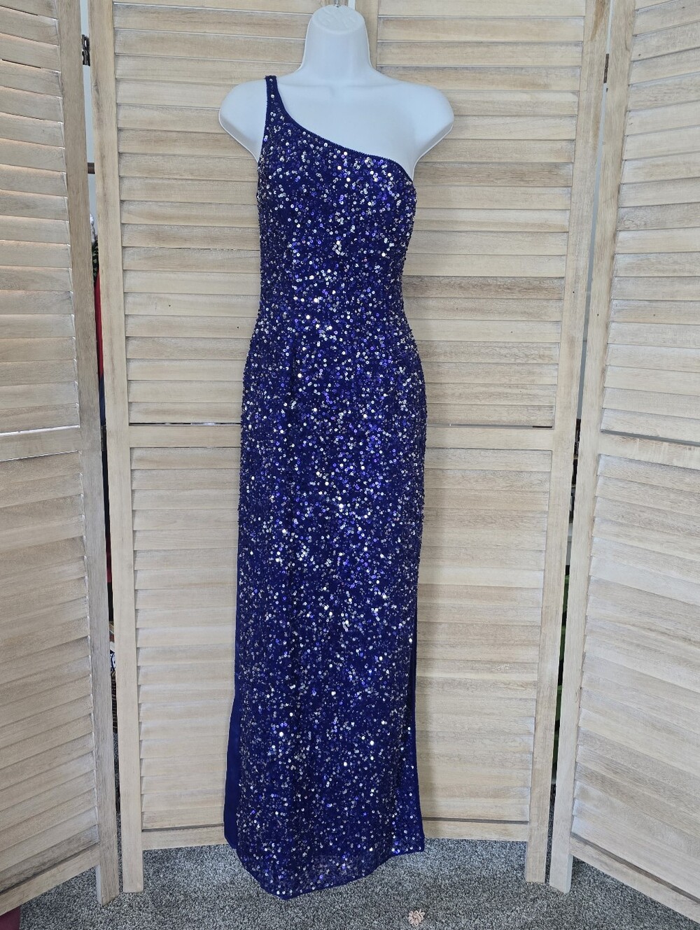 Vintage 90s SCALA Silk Sequin One Shoulder Dress Royal Blue Lattice Open Back